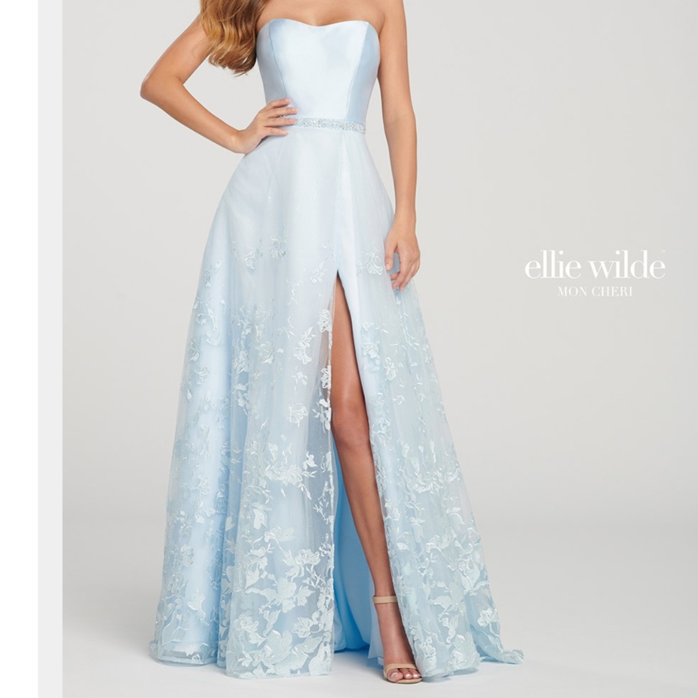 Light Blue Strapless Prom Dress with Slit
